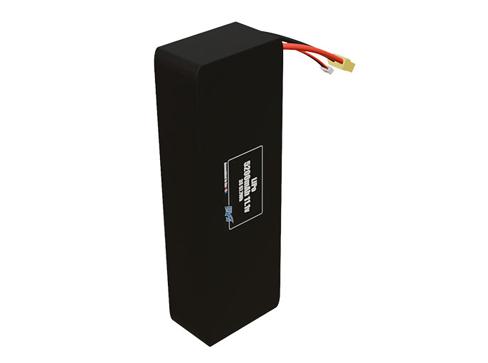 Side-angle render of a 11.1-volt 5200mAh lithium-polymer battery, assembled in the USA for compact UAV, drone, and military robotics platforms.