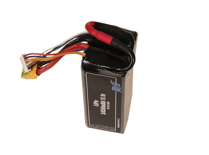 Side-angle render of a 11.1-volt 5450mAh modular lithium-polymer battery, assembled in the USA for compact UAV, drone, and military robotics platforms.