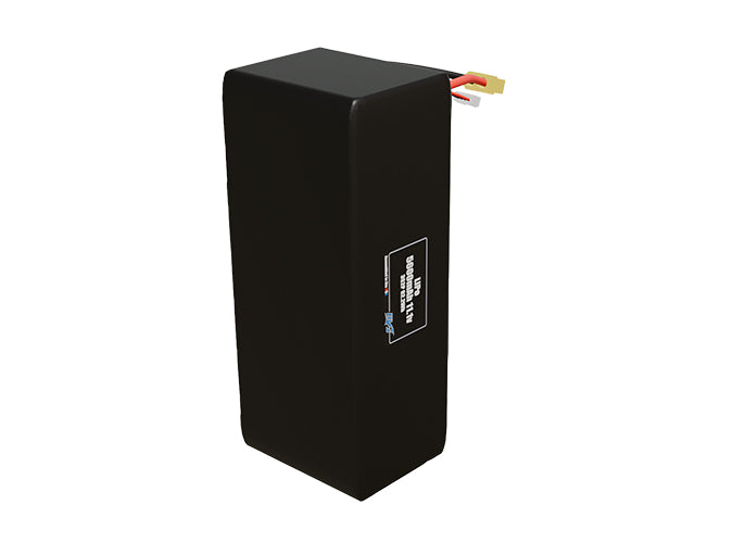 Side-angle render of a 11.1-volt 5600mAh lithium-polymer battery, assembled in the USA for compact UAV, drone, and military robotics platforms.