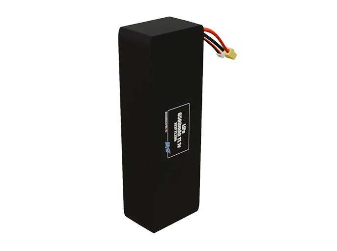 Side-angle render of a 11.1-volt 6500mAh lithium-polymer battery, assembled in the USA for compact UAV, drone, and military robotics platforms.