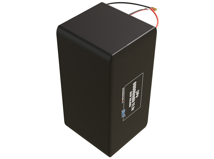 Side-angle render of a 11.1-volt 69000mAh lithium-polymer battery, assembled in the USA for compact UAV, drone, and military robotics platforms.