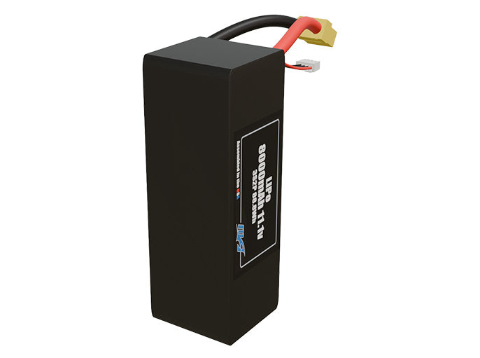 Side-angle render of a 11.1-volt 8000mAh lithium-polymer battery, assembled in the USA for compact UAV, drone, and military robotics platforms.