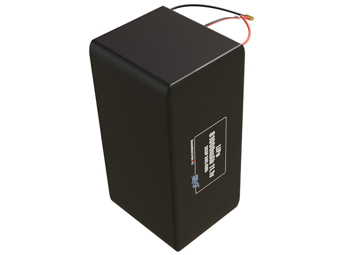 Side-angle render of a 11.1-volt 81000mAh lithium-polymer battery, assembled in the USA for compact UAV, drone, and military robotics platforms.