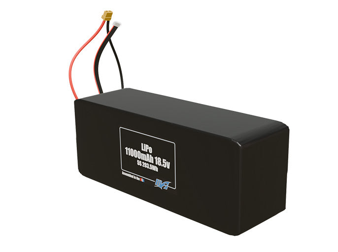Angled product render of the 11000mAh 5-cell LiPo pack. A lightweight energy source for UAV, drone, and robotic builds.