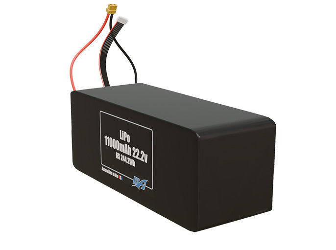 Angled product render of the 11000mAh 6-cell LiPo pack. A lightweight energy source for UAV, drone, and robotic builds.