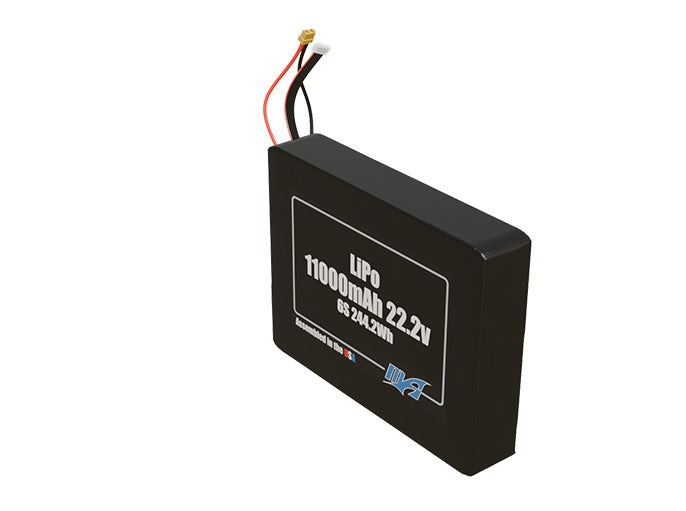 Angled product render of the 11000mAh 6-cell LiPo side by side pack. A lightweight energy source for UAV, drone, and robotic builds.