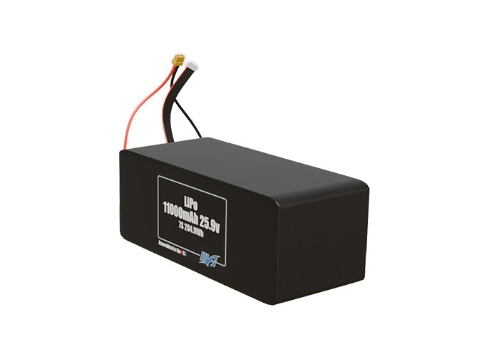 Angled product render of the 11000mAh 7-cell LiPo pack. A lightweight energy source for UAV, drone, and robotic builds.