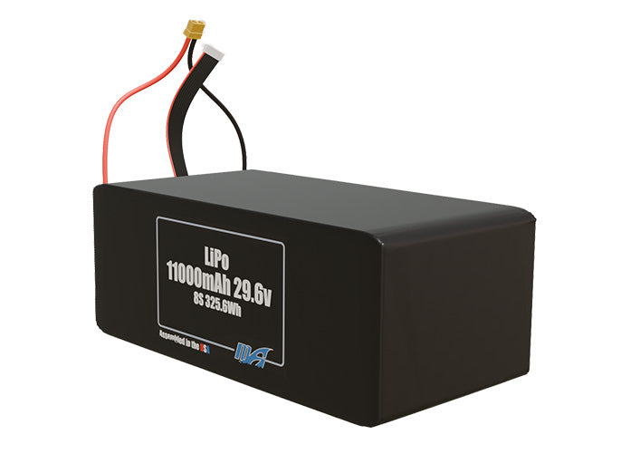 Angled product render of the 11000mAh 8-cell LiPo pack. A lightweight energy source for UAV, drone, and robotic builds.