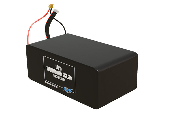 Angled product render of the 11000mAh 9-cell LiPo pack. A lightweight energy source for UAV, drone, and robotic builds.