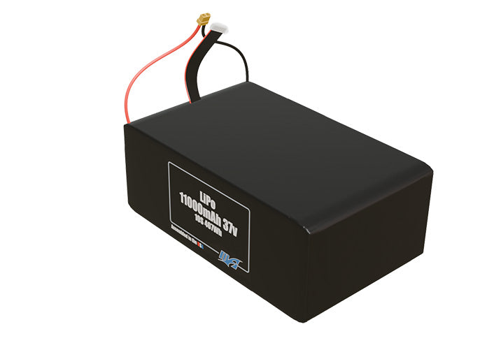 Angled product render of the 11000mAh 10-cell LiPo pack. A lightweight energy source for UAV, drone, and robotic builds.