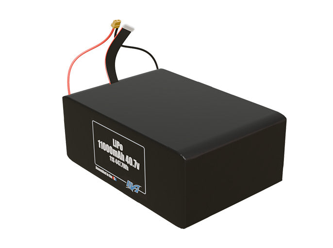Angled product render of the 11000mAh 11-cell LiPo pack. A lightweight energy source for UAV, drone, and robotic builds.