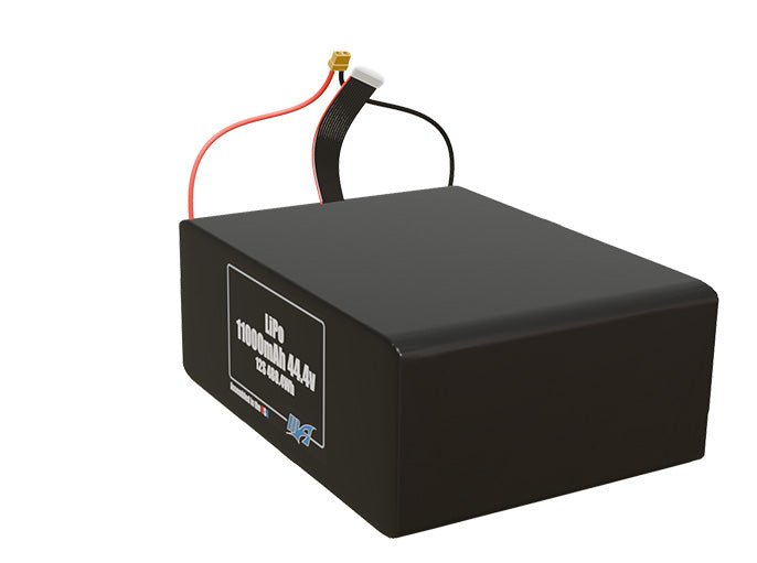 Angled product render of the 11000mAh 12-cell LiPo pack. A lightweight energy source for UAV, drone, and robotic builds.