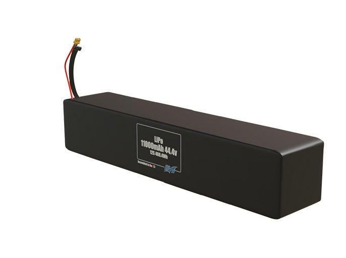 Angled product render of the 11000mAh 12-cell end to end LiPo pack. A lightweight energy source for UAV, drone, and robotic builds.