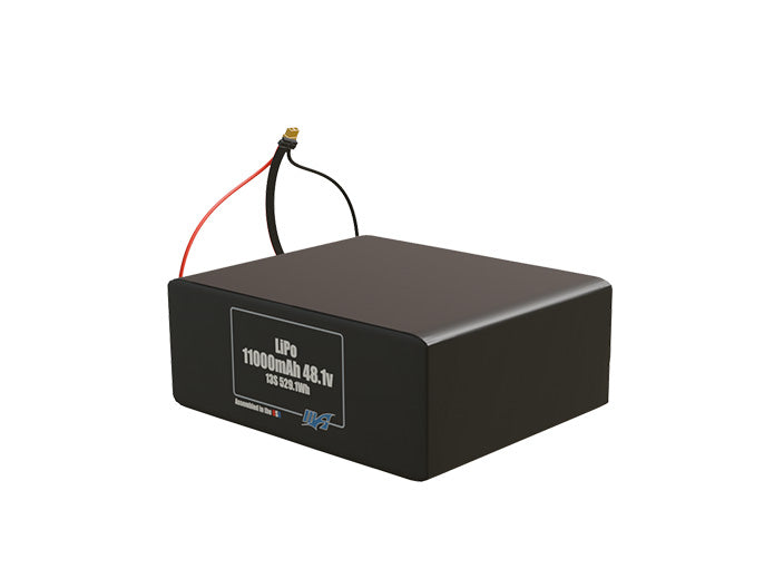 Angled product render of the 11000mAh 13-cell LiPo pack. A lightweight energy source for UAV, drone, and robotic builds.
