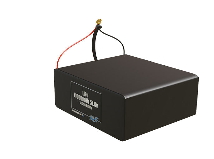 Angled product render of the 11000mAh 14-cell LiPo pack. A lightweight energy source for UAV, drone, and robotic builds.