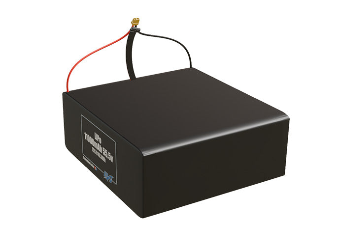 Angled product render of the 11000mAh 15-cell LiPo pack. A lightweight energy source for UAV, drone, and robotic builds.