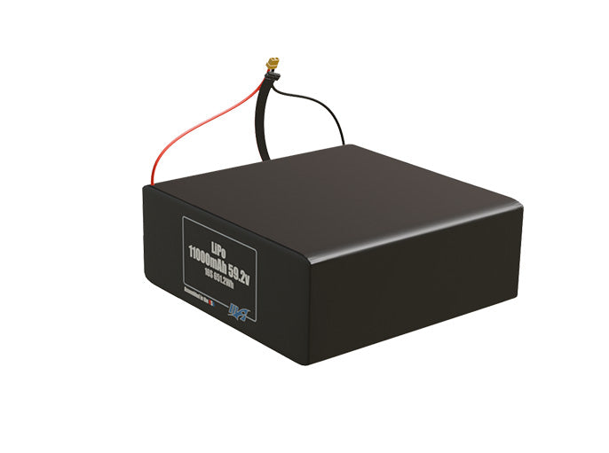 Angled product render of the 11000mAh 16-cell LiPo pack. A lightweight energy source for UAV, drone, and robotic builds.