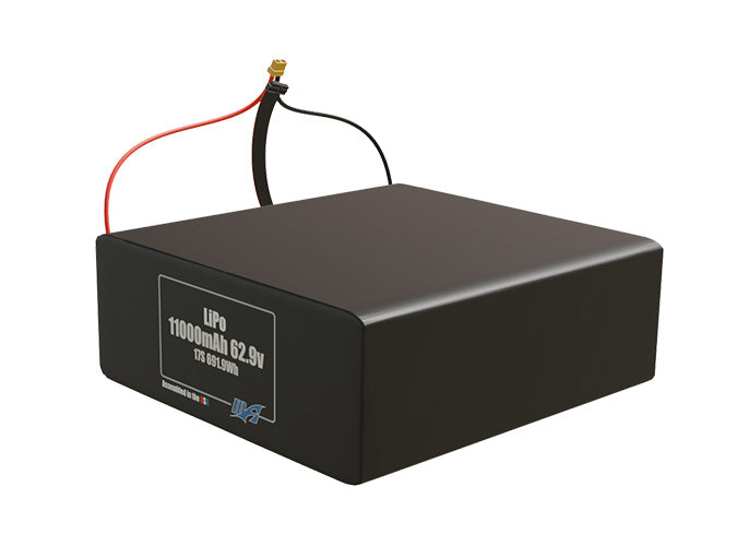 Angled product render of the 11000mAh 17-cell LiPo pack. A lightweight energy source for UAV, drone, and robotic builds.