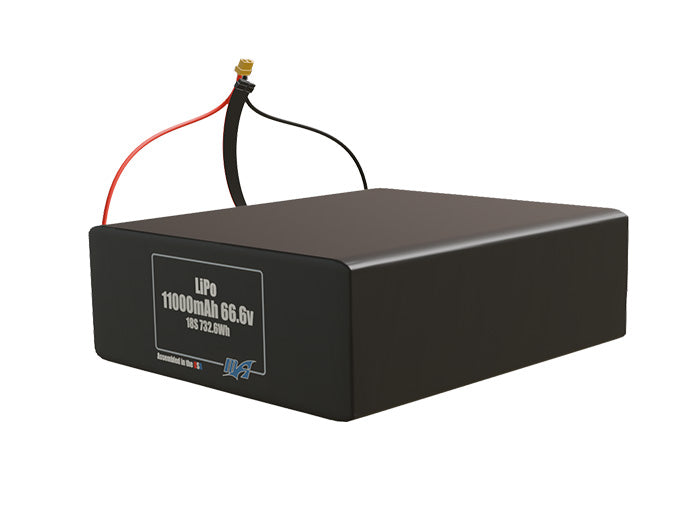 Angled product render of the 11000mAh 18-cell LiPo pack. A lightweight energy source for UAV, drone, and robotic builds.