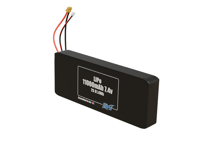 Angled product render of the 11000mAh 2-cell LiPo pack. A lightweight energy source for UAV, drone, and robotic builds.