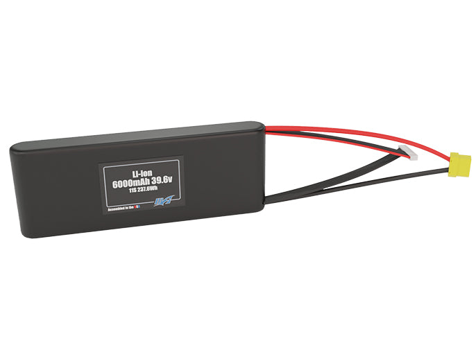 Front-facing render of the 39.6V 6000mAh 11S Li-ion battery, assembled in the USA by maxamps, for drone and robotics applications.