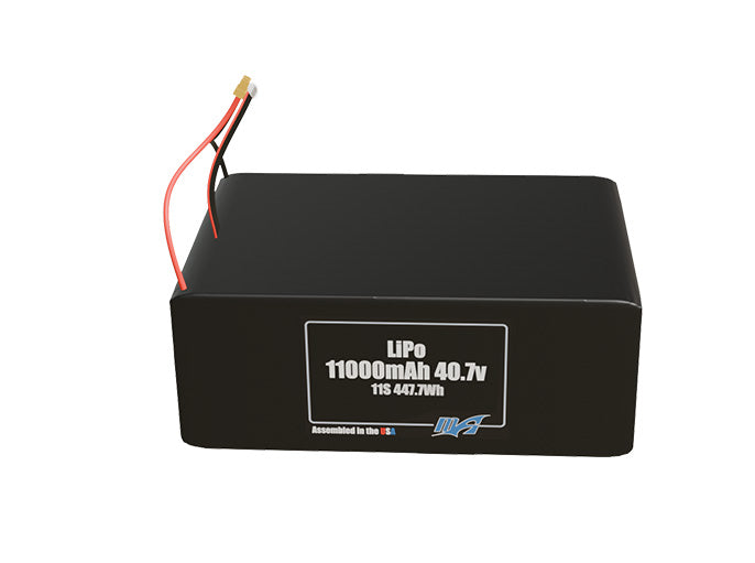 Front-facing render of the 40.7V 11000mAh 11S LiPo battery, assembled in the USA by maxamps, for drone and robotics applications.