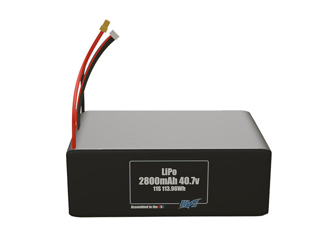 Front-facing render of the 40.7V 2800mAh 11S LiPo battery, assembled in the USA by maxamps, for drone and robotics applications.