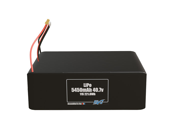 Front-facing render of the 40.7V 5450mAh 11S LiPo battery, assembled in the USA by maxamps, for drone and robotics applications.