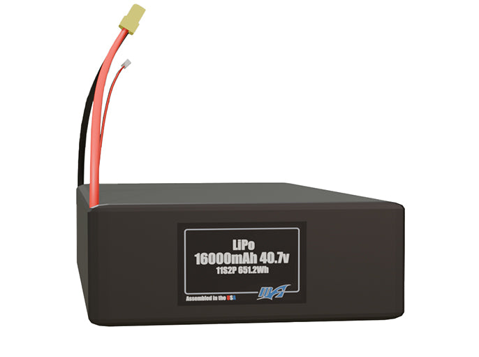 Front-facing render of the 40.7V 16000mAh 11S2P LiPo battery, assembled in the USA by maxamps, for drone and robotics applications.