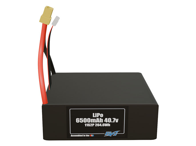 Front-facing render of the 40.7V 6500mAh 11S2P LiPo battery, assembled in the USA by maxamps, for drone and robotics applications.