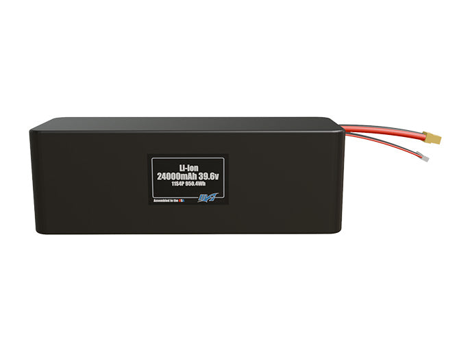 Front-facing render of the 39.6V 24000mAh 11S4P Lithium-Ion battery, assembled in the USA by maxamps, for drone and robotics applications.