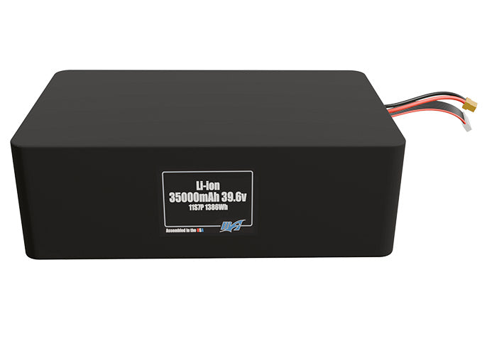 Front-facing render of the 39.6V 35000mAh 11S7P Lithium-Ion battery, assembled in the USA by maxamps, for drone and robotics applications.