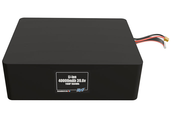 Front-facing render of the 39.6V 40000mAh 11S8P Lithium-Ion battery, assembled in the USA by maxamps, for drone and robotics applications.