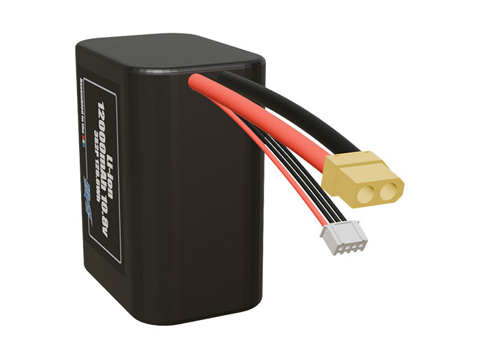 Angled product render of the 12000mAh six-cell Li-ion pack. A lightweight energy source for UAV, drone, and robotic builds.