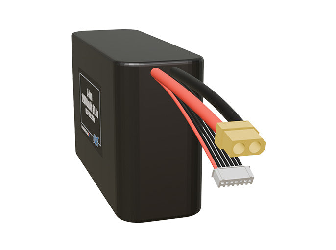 Angled product render of the 12000mAh twelve-cell Li-ion pack. A lightweight energy source for UAV, drone, and robotic builds.