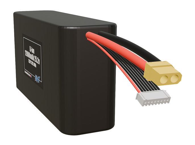 Angled product render of the 12000mAh fourteen-cell Li-ion pack. A lightweight energy source for UAV, drone, and robotic builds.