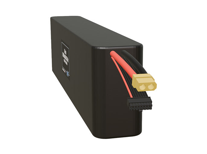 Angled product render of the 12000mAh twenty-eight-cell Li-ion pack. A lightweight energy source for UAV, drone, and robotic builds.