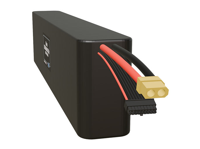 Angled product render of the 12000mAh thirty-two-cell Li-ion pack. A lightweight energy source for UAV, drone, and robotic builds.