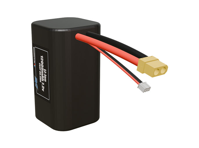Angled product render of the 12000mAh four-cell Li-ion pack. A lightweight energy source for UAV, drone, and robotic builds.