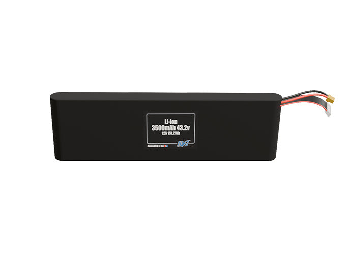 Front-facing render of the 43.2V 3500mAh 12S Li-ion battery, assembled in the USA by maxamps, for drone and robotics applications.