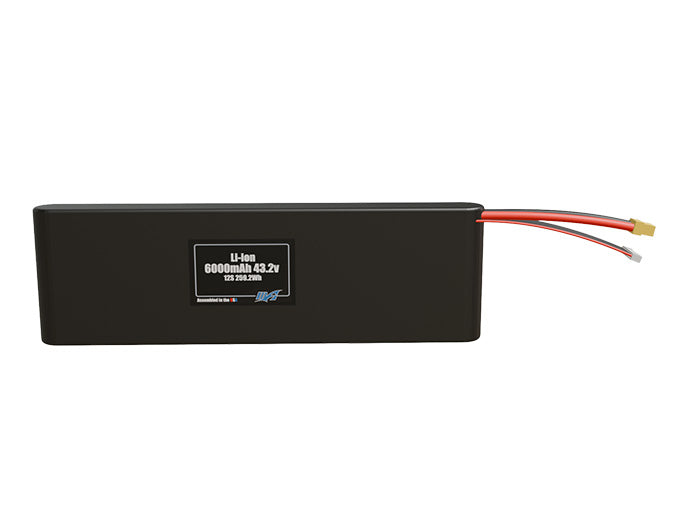 Front-facing render of the 43.2V 6000mAh 12S Li-ion battery, assembled in the USA by maxamps, for drone and robotics applications.