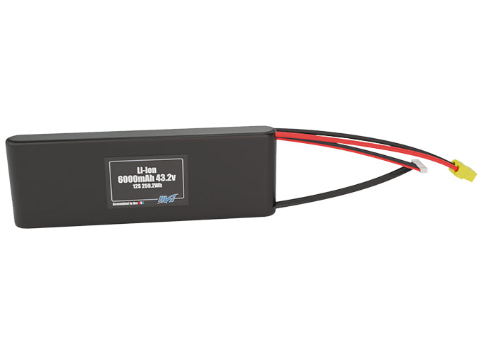 Front-facing render of the 43.2V 6000mAh 12S Li-ion battery, assembled in the USA by maxamps, for drone and robotics applications.