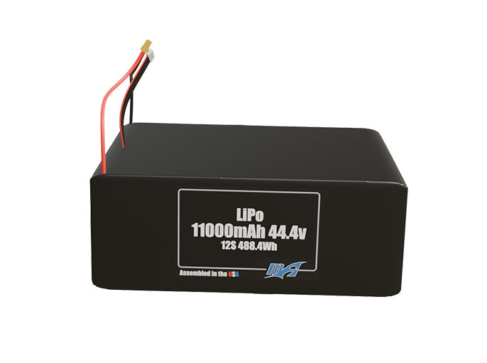 Front-facing render of the 44.4V 11000mAh 12S LiPo battery, assembled in the USA by maxamps, for drone and robotics applications.
