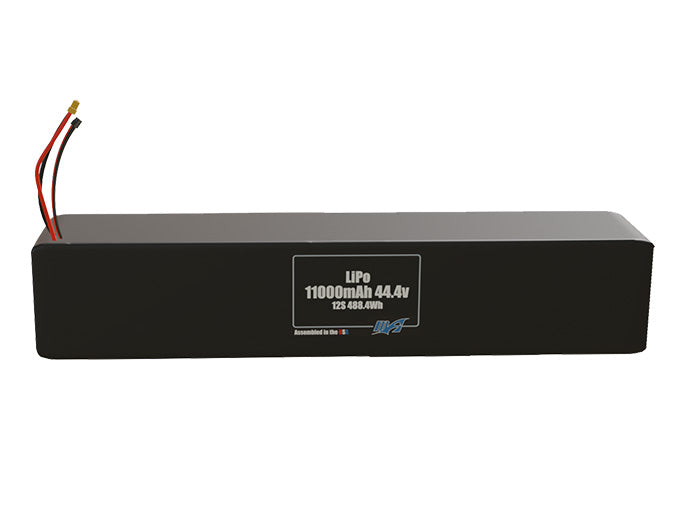 Front-facing render of the 44.4V 11000mAh 12S end to end LiPo battery, assembled in the USA by maxamps, for drone and robotics applications.