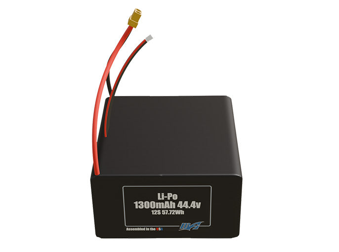 Front-facing render of the 44.4V 1300mAh 12S LiPo battery, assembled in the USA by maxamps, for drone and robotics applications.