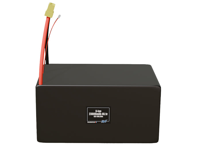 Front-facing render of the 44.4V 23000mAh 1S LiPo battery, assembled in the USA by maxamps, for drone and robotics applications.