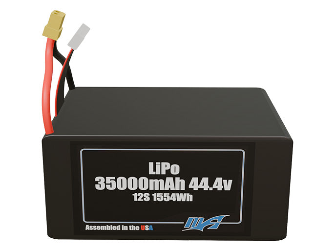 Front-facing render of the 44.4V 35000mAh 12S LiPo battery, assembled in the USA by maxamps, for drone and robotics applications.