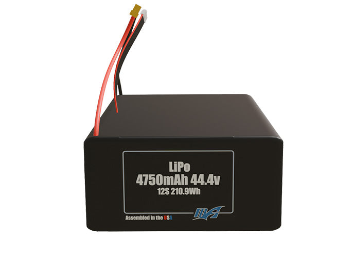 Front-facing render of the 44.4V 4750mAh 12S LiPo battery, assembled in the USA by maxamps, for drone and robotics applications.