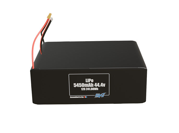 Front-facing render of the 44.4V 5450mAh 12S LiPo battery, assembled in the USA by maxamps, for drone and robotics applications.