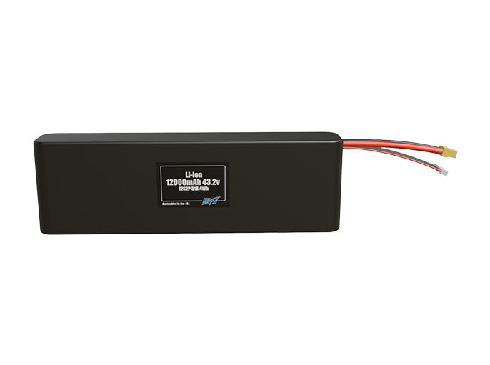 Front-facing render of the 43.2V 12000mAh 12S2P Li-ion battery, assembled in the USA by maxamps, for drone and robotics applications.